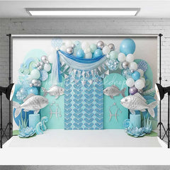 Lofaris Pisces Zodiac Photography Backdrop Silver Fish and Teal Wave Birthday Party Background