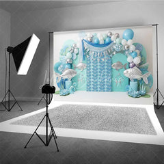 Lofaris Pisces Zodiac Photography Backdrop Silver Fish and Teal Wave Birthday Party Background