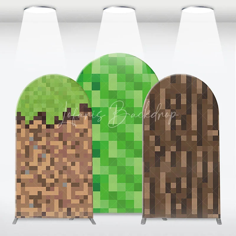 Lofaris Pixelated Block Style Arch Backdrop Kit with Green Grass Dirt and Wood Textures for Game Themed Parties