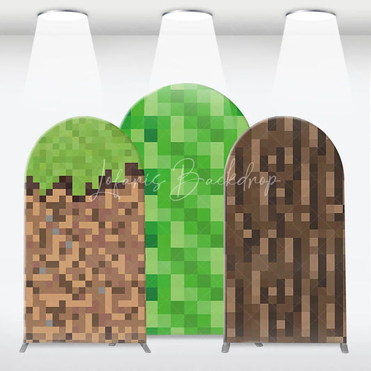 Lofaris Pixelated Block Style Arch Backdrop Kit with Green Grass Dirt and Wood Textures for Game Themed Parties
