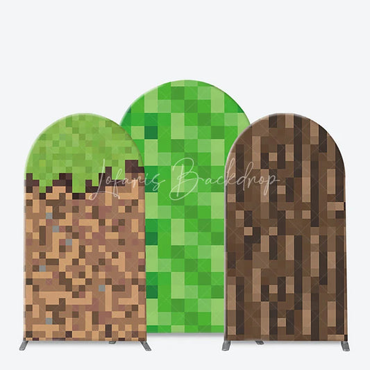 Lofaris Pixelated Block Style Arch Backdrop Kit with Green Grass Dirt and Wood Textures for Game Themed Parties