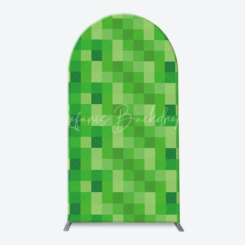 Lofaris Pixelated Block Style Arch Backdrop Kit with Green Grass Dirt and Wood Textures for Game Themed Parties