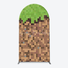 Lofaris Pixelated Block Style Arch Backdrop Kit with Green Grass Dirt and Wood Textures for Game Themed Parties