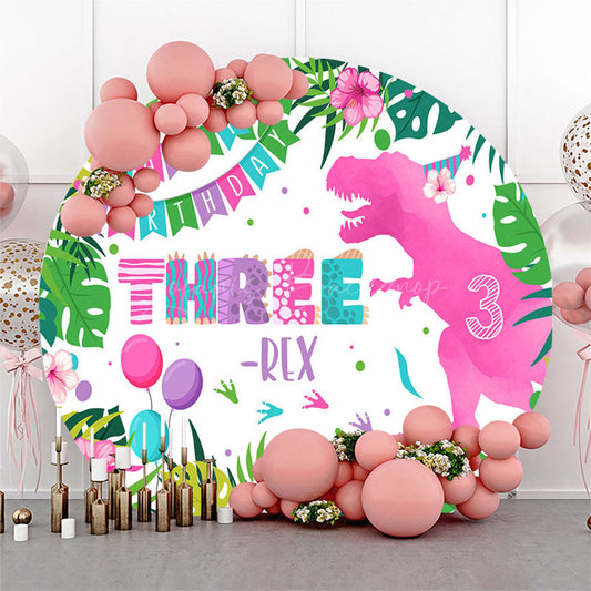Lofaris Plant Pink Dinosaur Three Rex Round Birthday Backdrop
