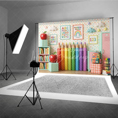 Lofaris Playful Classroom Photography Backdrop with Rainbow Pencils Books and Alphabet for Back to School