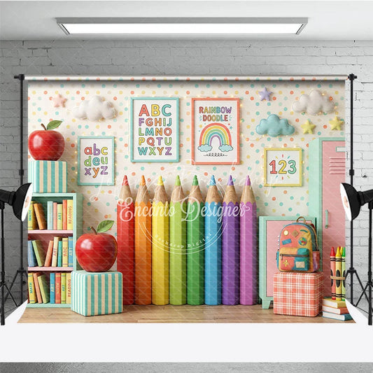 Lofaris Playful Classroom Photography Backdrop with Rainbow Pencils Books and Alphabet for Back to School