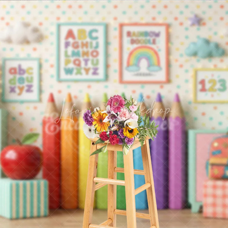 Lofaris Playful Classroom Photography Backdrop with Rainbow Pencils Books and Alphabet for Back to School