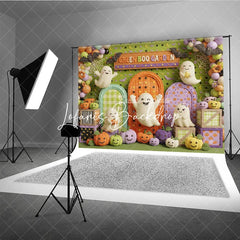 Lofaris Playful Green Boo Garden Cute Ghosts and Colorful Pumpkins Photography Backdrop Archways Bats for Halloween Party