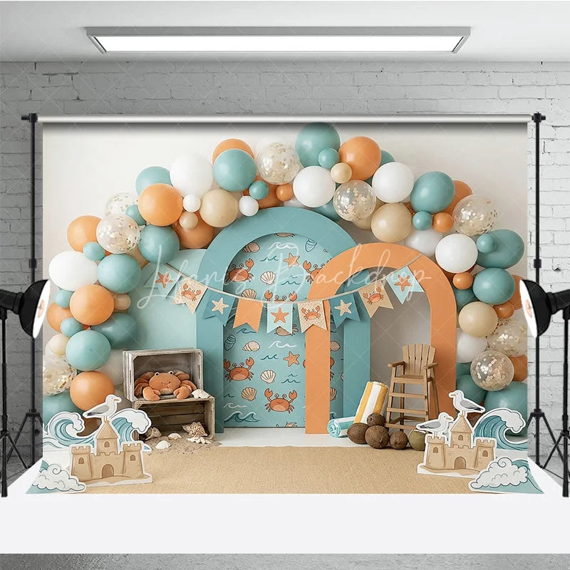 Lofaris Playful Teal Orange Beach Ocean Crab Photography Backdrop Summer Sandcastle Waves Birthday Party Decor