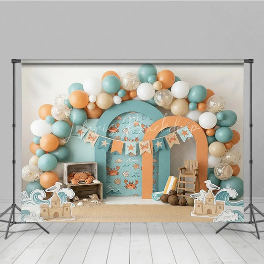 Lofaris Playful Teal Orange Beach Ocean Crab Photography Backdrop Summer Sandcastle Waves Birthday Party Decor
