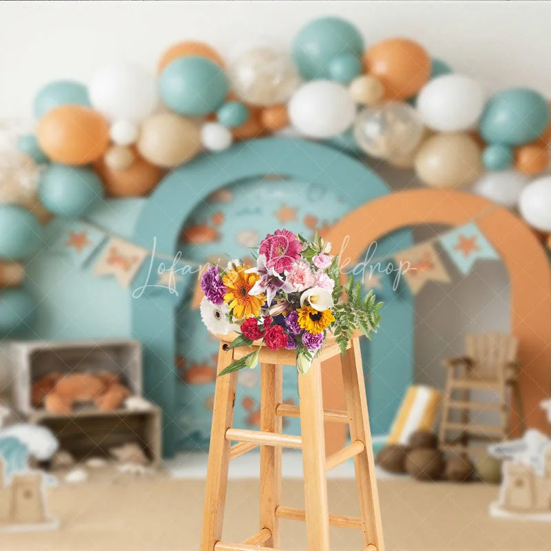 Lofaris Playful Teal Orange Beach Ocean Crab Photography Backdrop Summer Sandcastle Waves Birthday Party Decor
