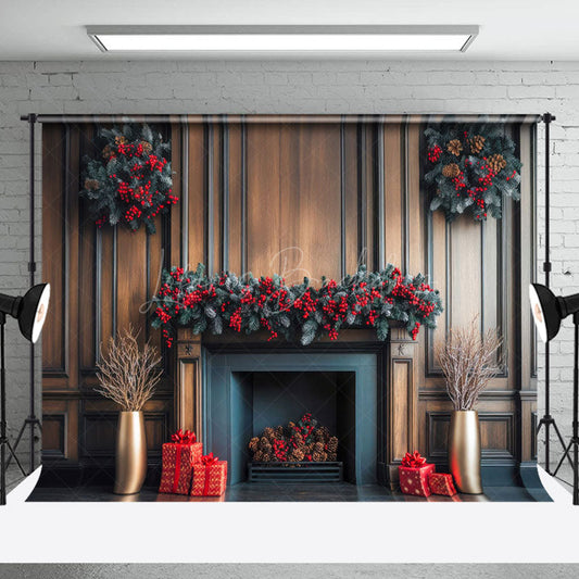 Lofaris Poinsettia Fireplace Winter Christmas Photo Backdrop