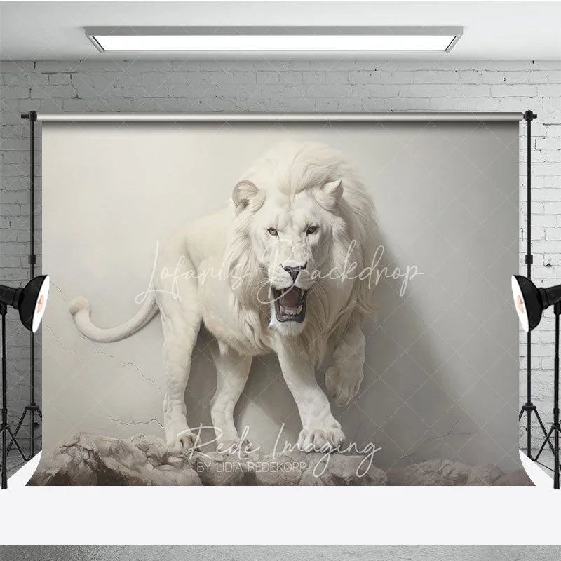 Lofaris Powerful White Lion Roaring Photography Backdrop Majestic Wildlife Animal Portrait Background with Rocky Ground