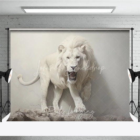 Lofaris Powerful White Lion Roaring Photography Backdrop Majestic Wildlife Animal Portrait Background with Rocky Ground