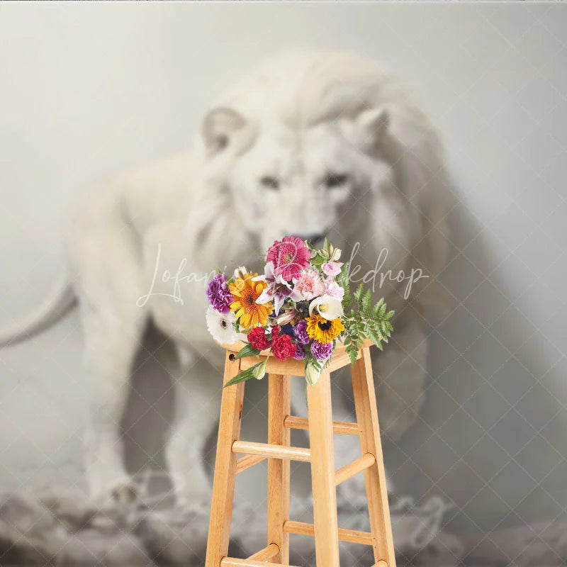 Lofaris Powerful White Lion Roaring Photography Backdrop Majestic Wildlife Animal Portrait Background with Rocky Ground