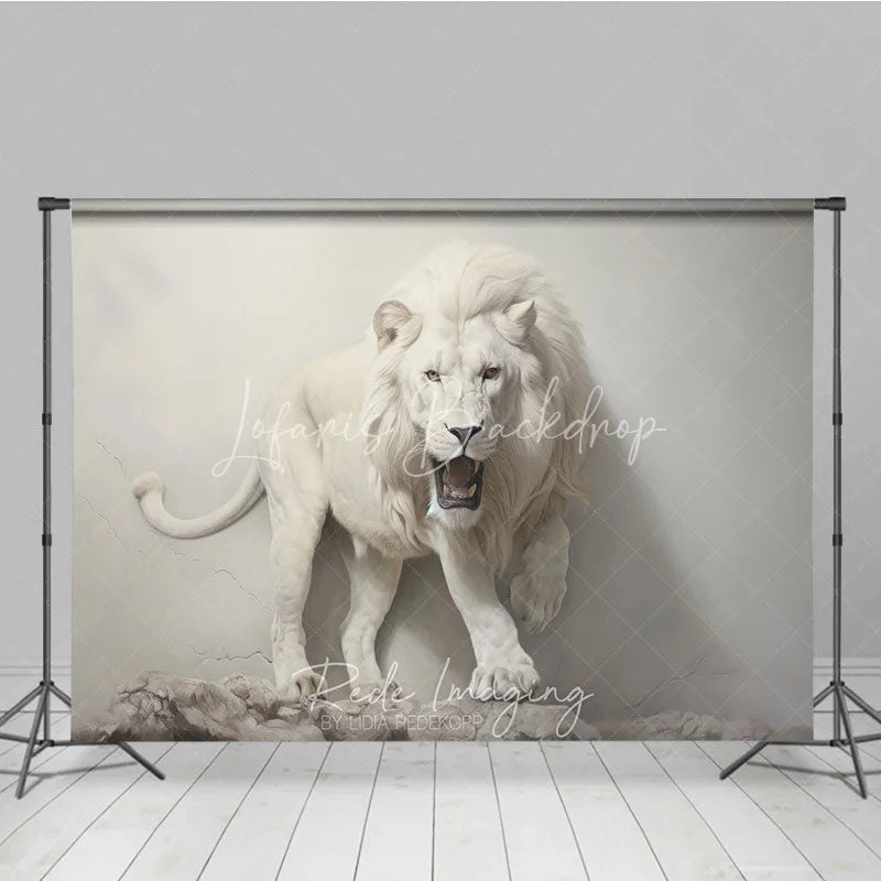 Lofaris Powerful White Lion Roaring Photography Backdrop Majestic Wildlife Animal Portrait Background with Rocky Ground