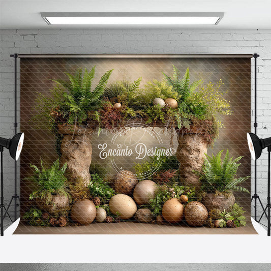 Lofaris Prehistoric Dinosaur Egg Photography Backdrop Stone Arch and Ferns for Birthday Jurassic Cake Smash Background