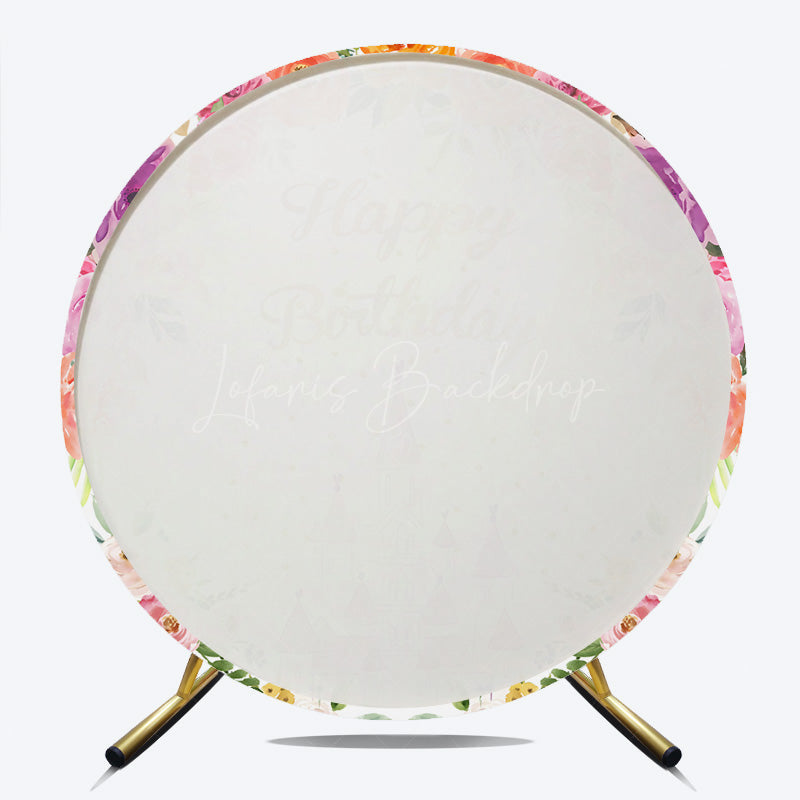 Lofaris Princess Castle Birthday Round Backdrop Pink and Gold Floral Wreath Banner Fairytale Themed Party Photo Prop