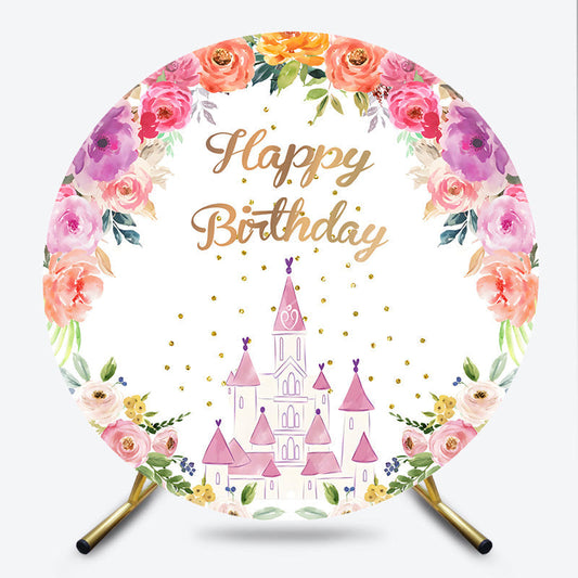Lofaris Princess Castle Birthday Round Backdrop Pink and Gold Floral Wreath Banner Fairytale Themed Party Photo Prop