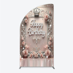Lofaris Princess Happy Birthday Half Moon Arch Backdrop Royal Pink and Silver with Crown Elegant Queen Themed Party Decor