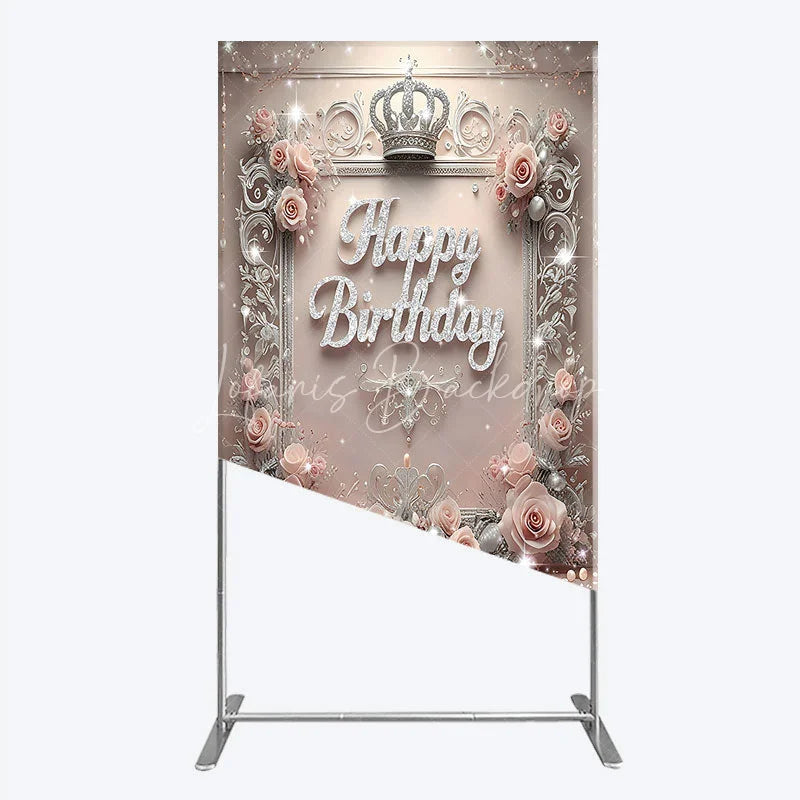 Lofaris Princess Happy Birthday Rectangle Backdrop Royal Pink and Silver with Crown Elegant Queen Themed Party Decor