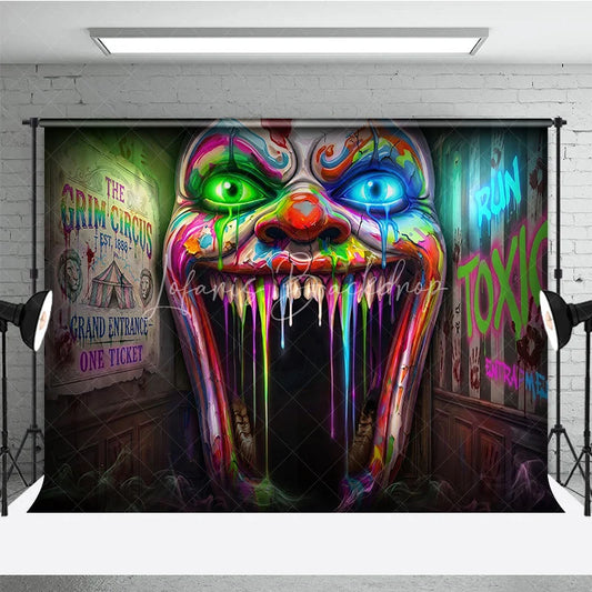 Lofaris Psychedelic Neon Dripping Clown Face Holiday Backdrop Grim Circus Horror Theme Party Decor with Toxic Graffiti