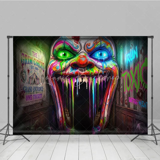 Lofaris Psychedelic Neon Dripping Clown Face Holiday Backdrop Grim Circus Horror Theme Party Decor with Toxic Graffiti