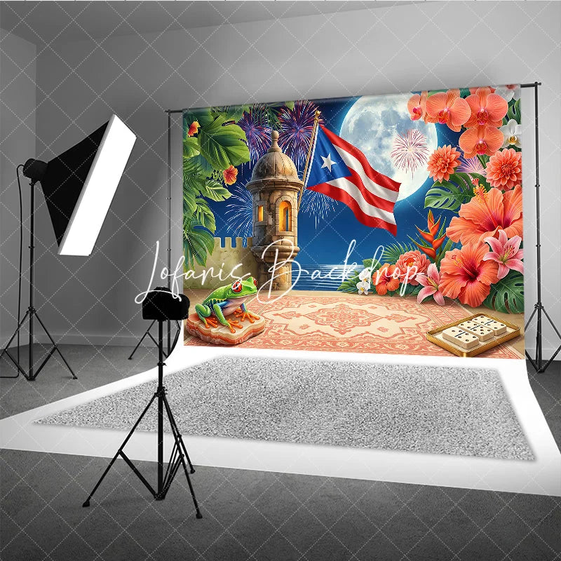 Lofaris Puerto Rican Flag Tropical Holiday Backdrop with Full Moon Fortress and Festive Pyrotechnic Display