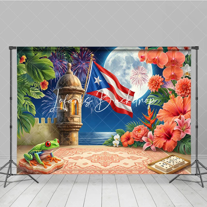 Lofaris Puerto Rican Flag Tropical Holiday Backdrop with Full Moon Fortress and Festive Pyrotechnic Display