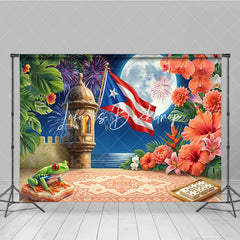 Lofaris Puerto Rican Flag Tropical Holiday Backdrop with Full Moon Fortress and Festive Pyrotechnic Display