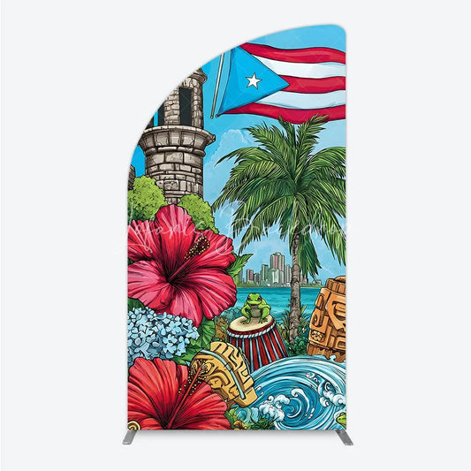 Lofaris Puerto Rico Flag and Tropical Flowers Half Moon Arch Backdrop Vibrant Caribbean Island Party Decor