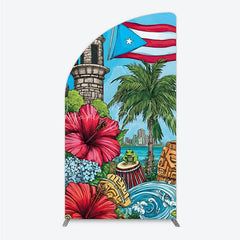 Lofaris Puerto Rico Flag and Tropical Flowers Half Moon Arch Backdrop Vibrant Caribbean Island Party Decor