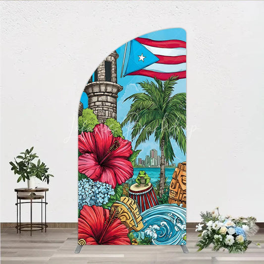 Lofaris Puerto Rico Flag and Tropical Flowers Half Moon Arch Backdrop Vibrant Caribbean Island Party Decor