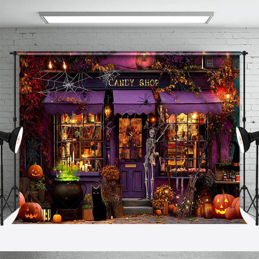 Lofaris Pumpkin Autumn Purple Candy Shop Halloween Backdrop