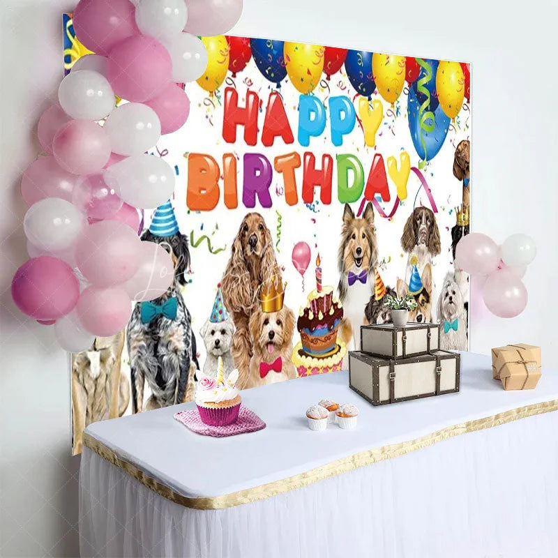 Lofaris Puppy Dog Birthday Backdrop Happy with Balloons Cake and Pets Party Photo Booth Props