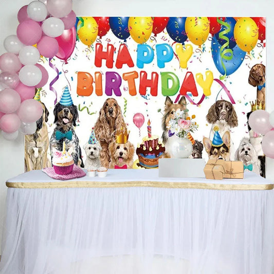 Lofaris Puppy Dog Birthday Backdrop Happy with Balloons Cake and Pets Party Photo Booth Props