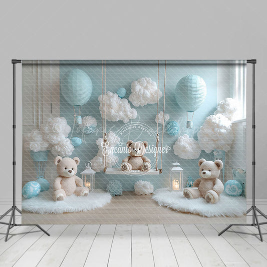 Lofaris Pure White Blue Wall Bears Ccake Smash Backdrop