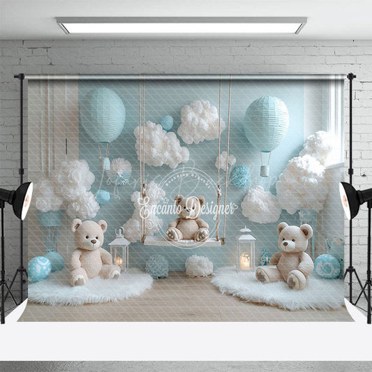 Lofaris Pure White Blue Wall Bears Ccake Smash Backdrop