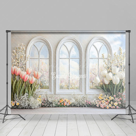 Lofaris Pure Whtie Arch Window Tulip Spring Photo Backdrop