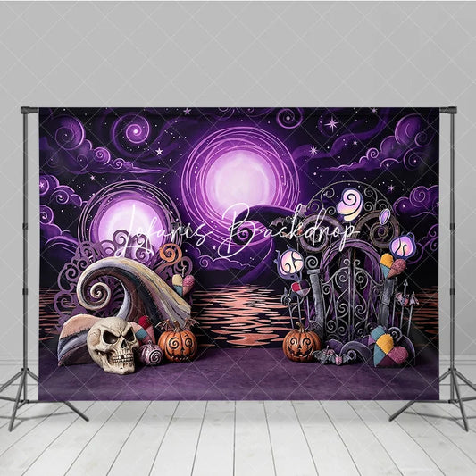 Lofaris Purple and Black Whimsical Halloween Night Photography Backdrop Glowing Moons Gothic Gate Skull Pumpkins