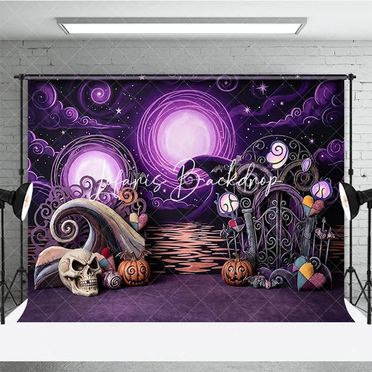 Lofaris Purple and Black Whimsical Halloween Night Photography Backdrop Glowing Moons Gothic Gate Skull Pumpkins