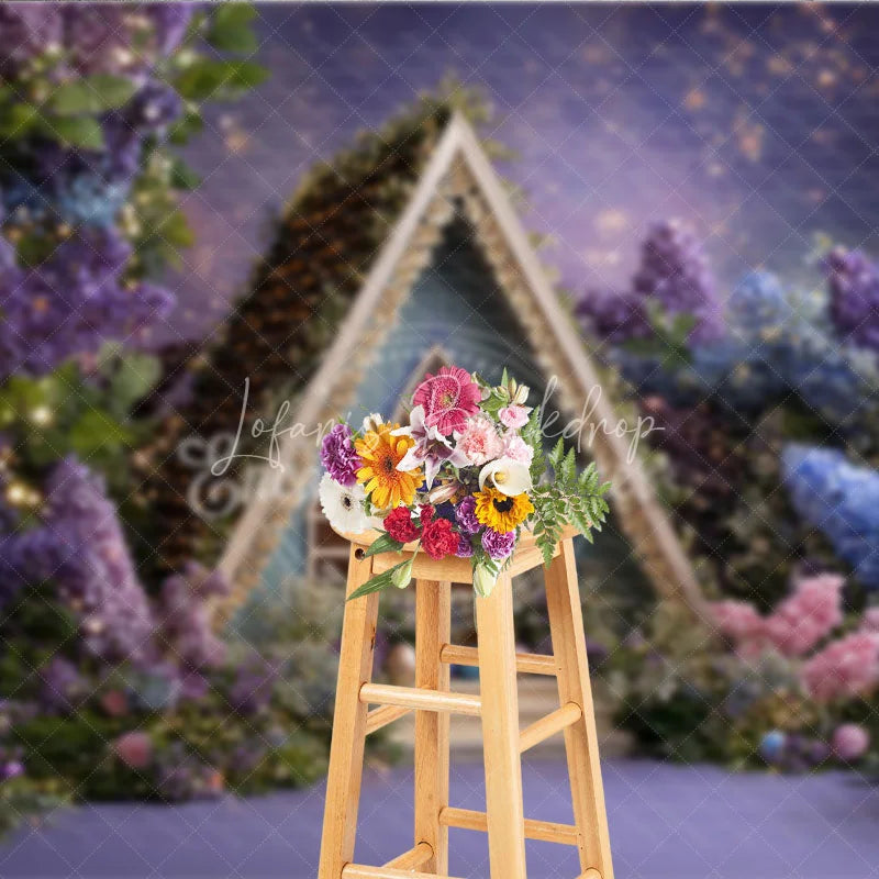 Lofaris Purple and Blue Floral A-Frame House Photography Backdrop Twinkling Lights Easter Eggs Decor for Studio