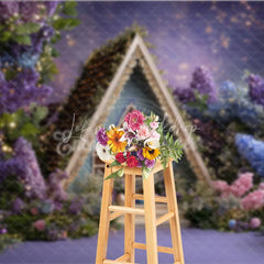 Lofaris Purple and Blue Floral A-Frame House Photography Backdrop Twinkling Lights Easter Eggs Decor for Studio