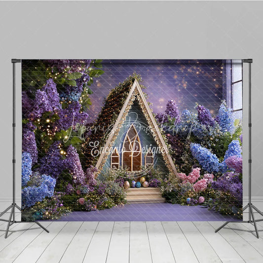 Lofaris Purple and Blue Floral A-Frame House Photography Backdrop Twinkling Lights Easter Eggs Decor for Studio