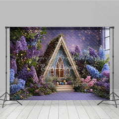 Lofaris Purple and Blue Floral A-Frame House Photography Backdrop Twinkling Lights Easter Eggs Decor for Studio