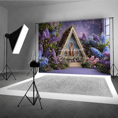 Lofaris Purple and Blue Floral A-Frame House Photography Backdrop Twinkling Lights Easter Eggs Decor for Studio