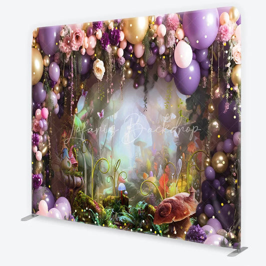 Lofaris Purple and Gold Balloons Enchanted Forest Square Double-Sided Backdrop Fairytale Garden Birthday Party Decor.