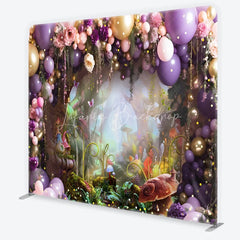 Lofaris Purple and Gold Balloons Enchanted Forest Square Double-Sided Backdrop Fairytale Garden Birthday Party Decor.