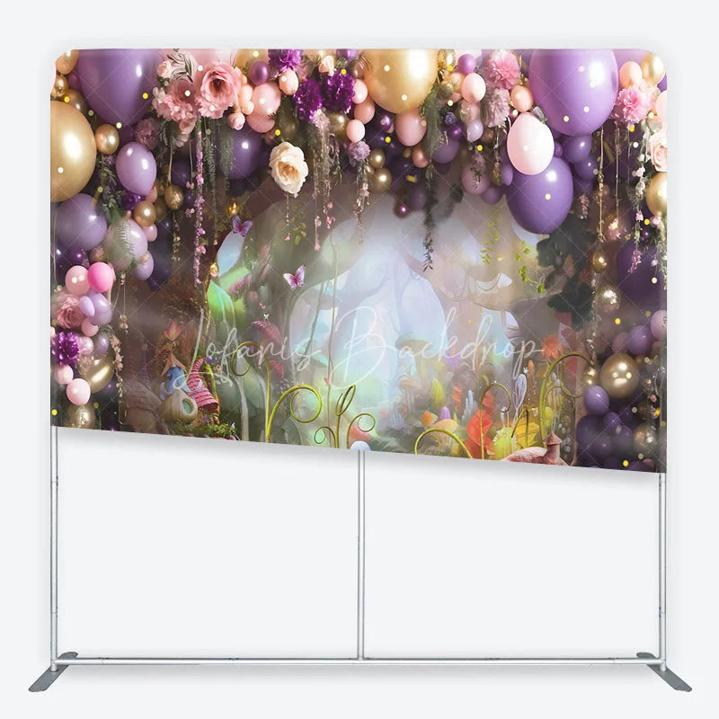 Lofaris Purple and Gold Balloons Enchanted Forest Square Double-Sided Backdrop Fairytale Garden Birthday Party Decor.