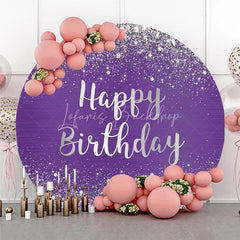 Lofaris Purple and Silver Glitter Happy Birthday Round Backdrop Elegant Diamond Sparkle Celebration Party Decor